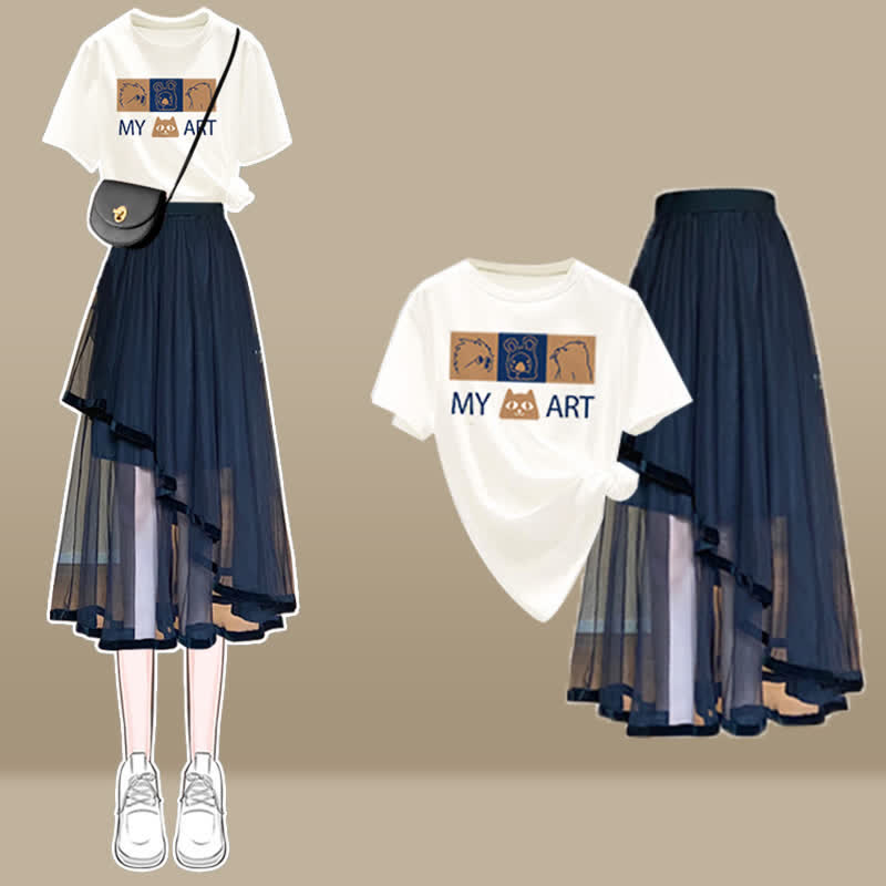 Cartoon Bow Print T-Shirt Irregular Tulle SKirt Set