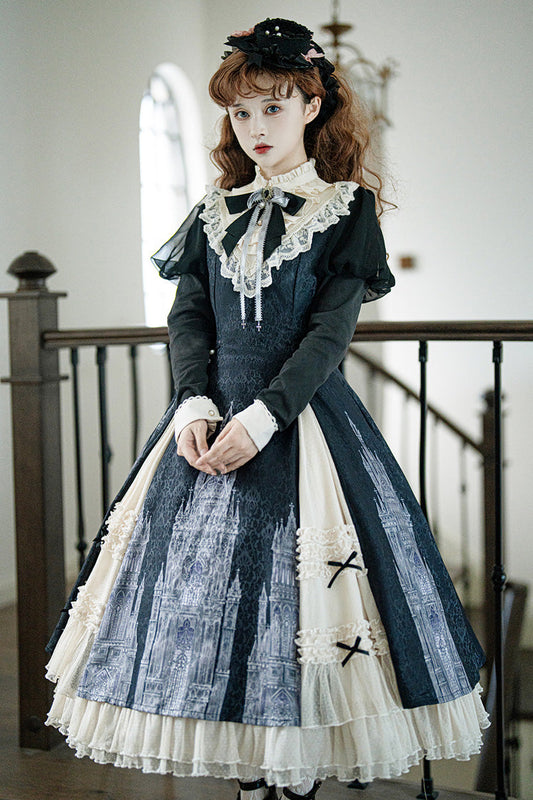 Black White Bell Print Ruffle Bow Lolita Dress