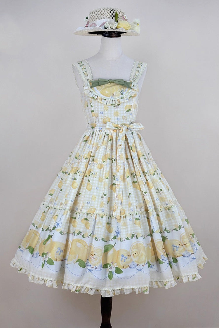 Lemon Chicken Print Ruffle Bow Lace Sweet Lolita JSK Long in Yellow