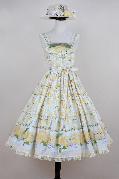 Lemon Chicken Print Ruffle Bow Lace Sweet Lolita JSK Long in Yellow