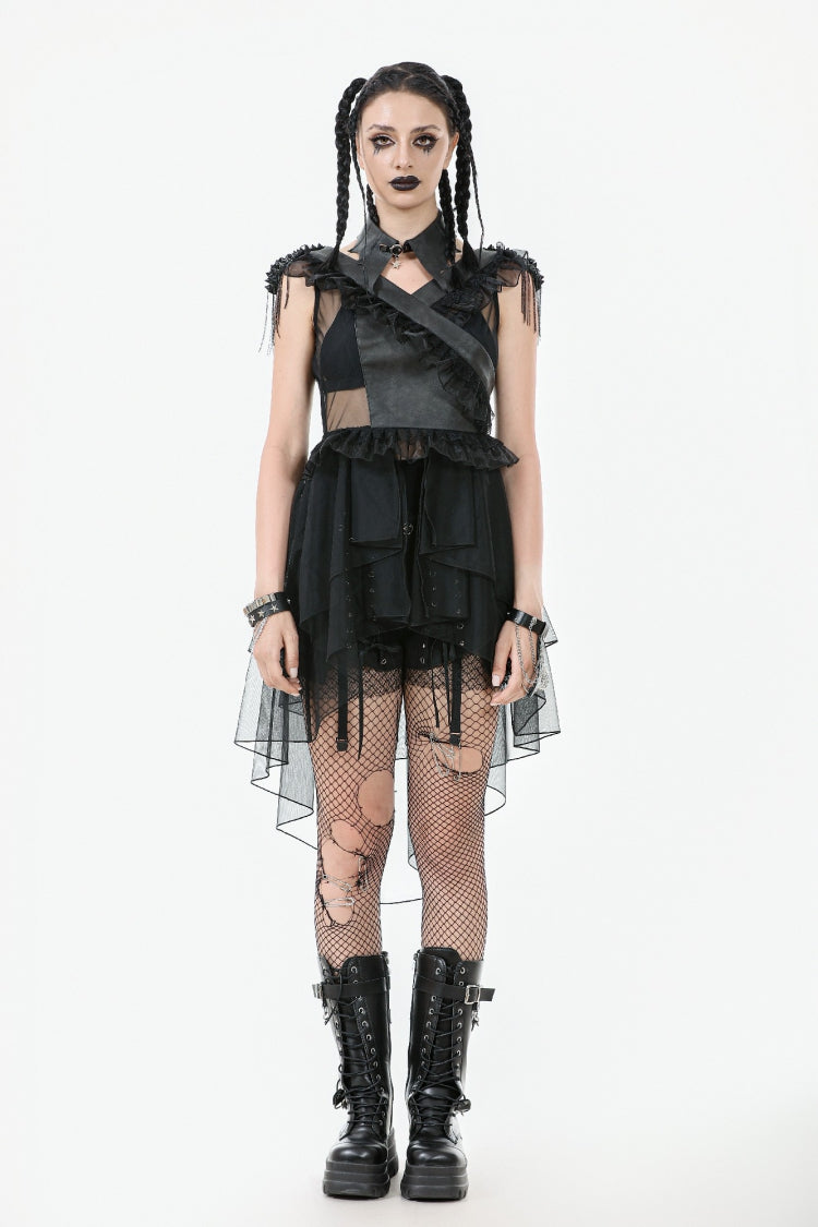 Jet V-Neck Sleeveless Multi-Tiered Ruffled Sheer Mesh Dress