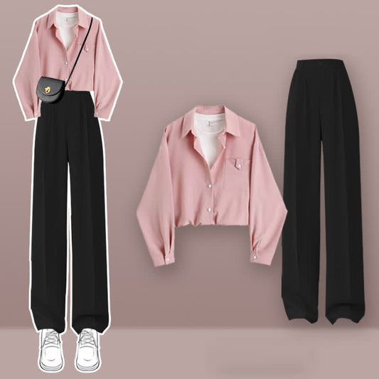 Lapel Shirt Pink Pants Suit Casual