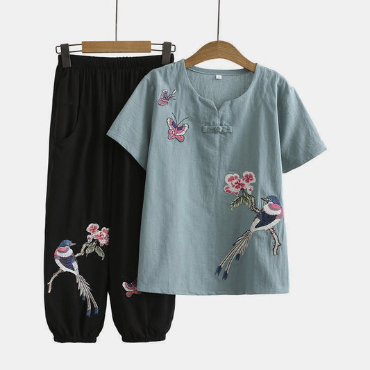 T-Shirt-Hosen-Set mit Vintage-Vogelstickerei und Schnalle