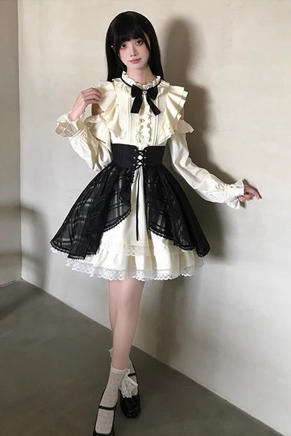 Black Beige Dark Chocolate Champagne Stand Collar Off Shoulder Long Sleeve Double Layer Ruffle Sweet Japanese Lolita Dress
