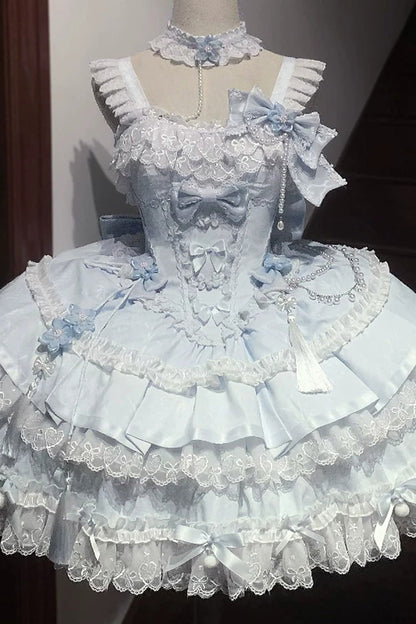 Emerald Prelude of Spring Cherry Square Collar Sleeveless Jacquard Ruffled Bow Lace Pearl Lolita JSK