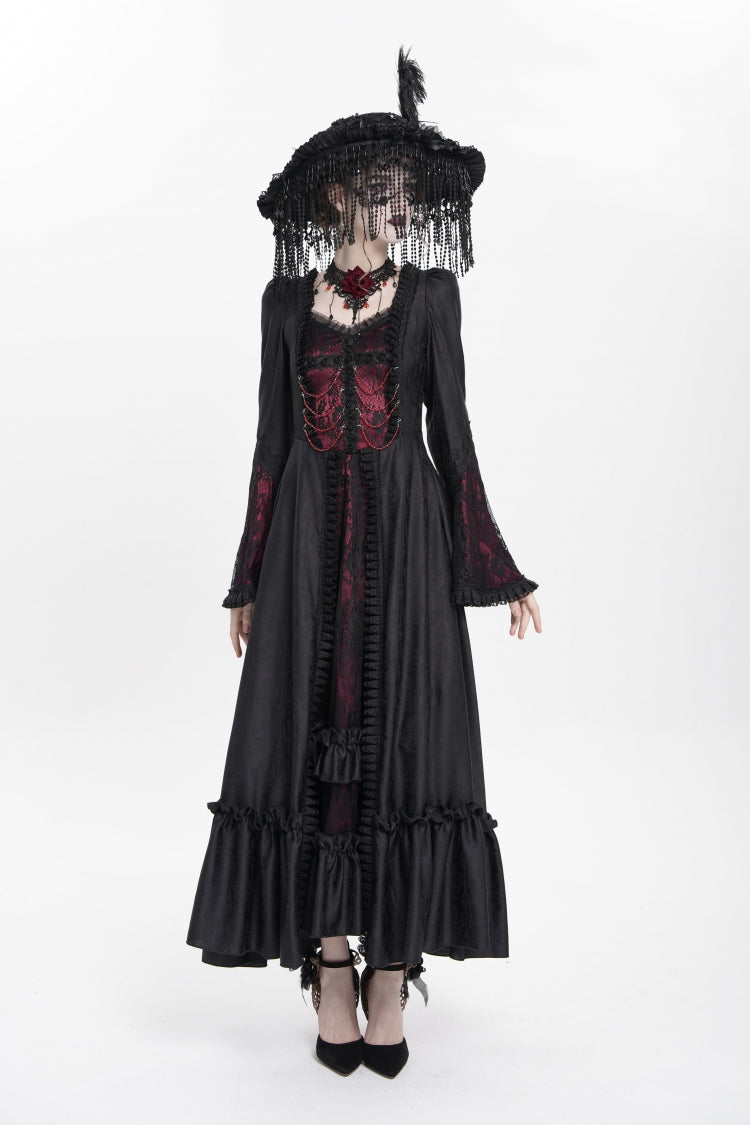Long Sleeve Floral Embroidery Lace-Up Pleated Gothic Dress