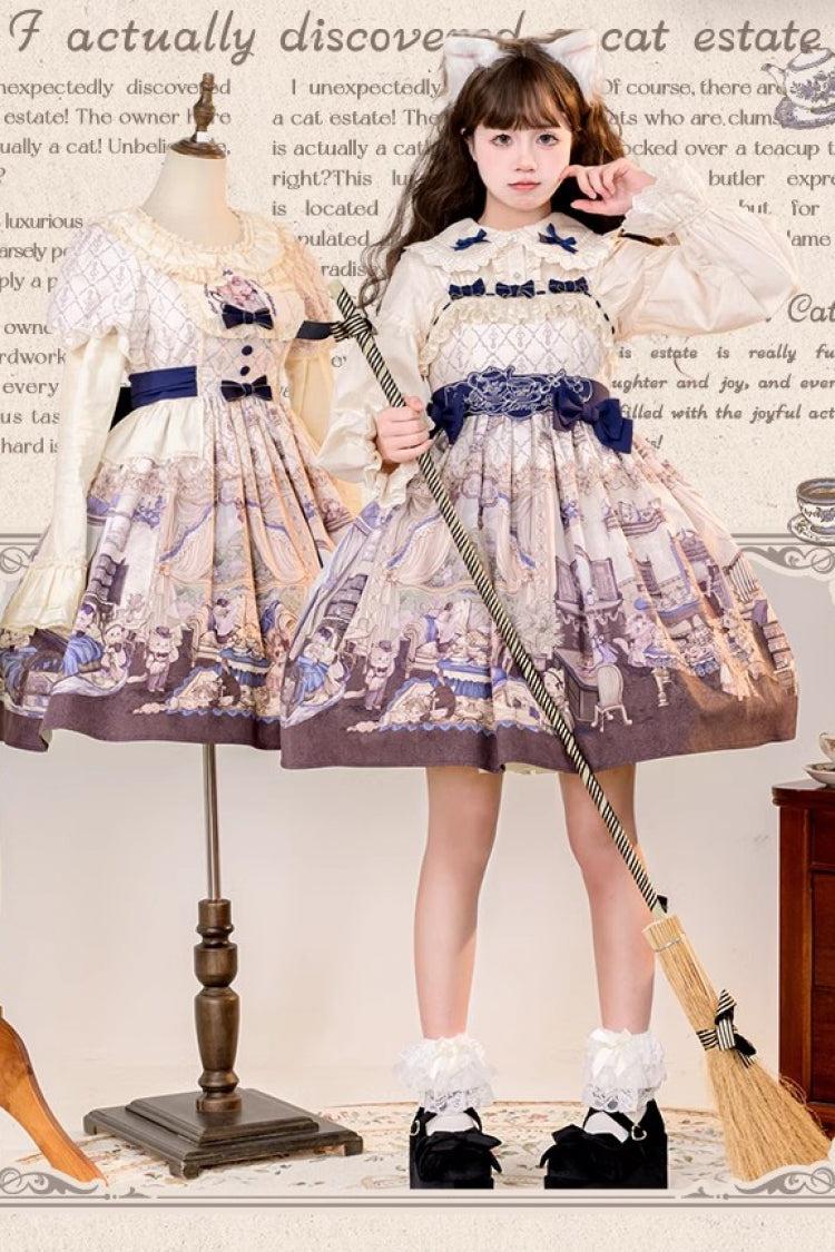 Cat Manor Print Embroidered Bow Sweet Jumper Dress