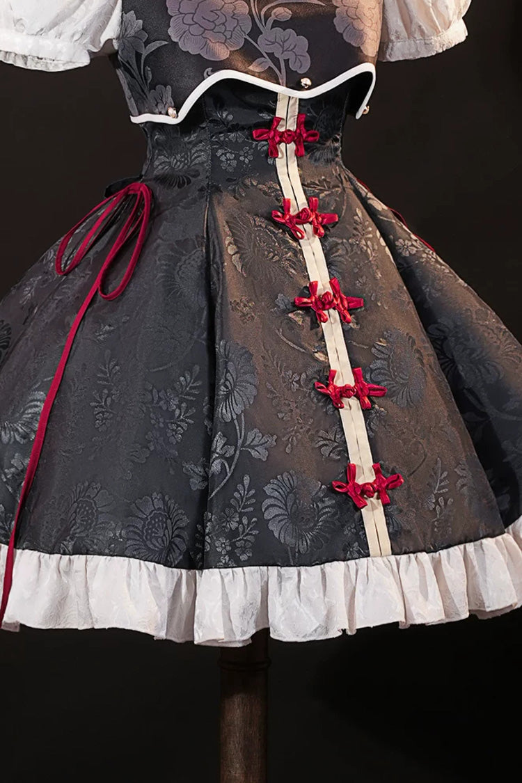 Krul Tepes Seraph of the End Stand Collar Short Sleeves Ruffled Embroidered Bow Classic Chinese Inspired Lolita Hanfu Dress
