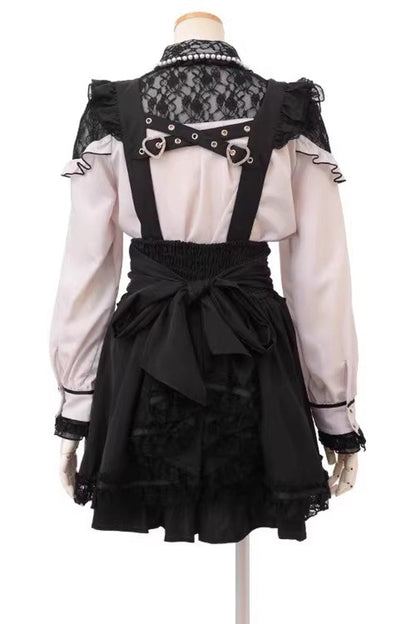 Black Ruffled Bow Lace-Up Pearl Gothic Skirt