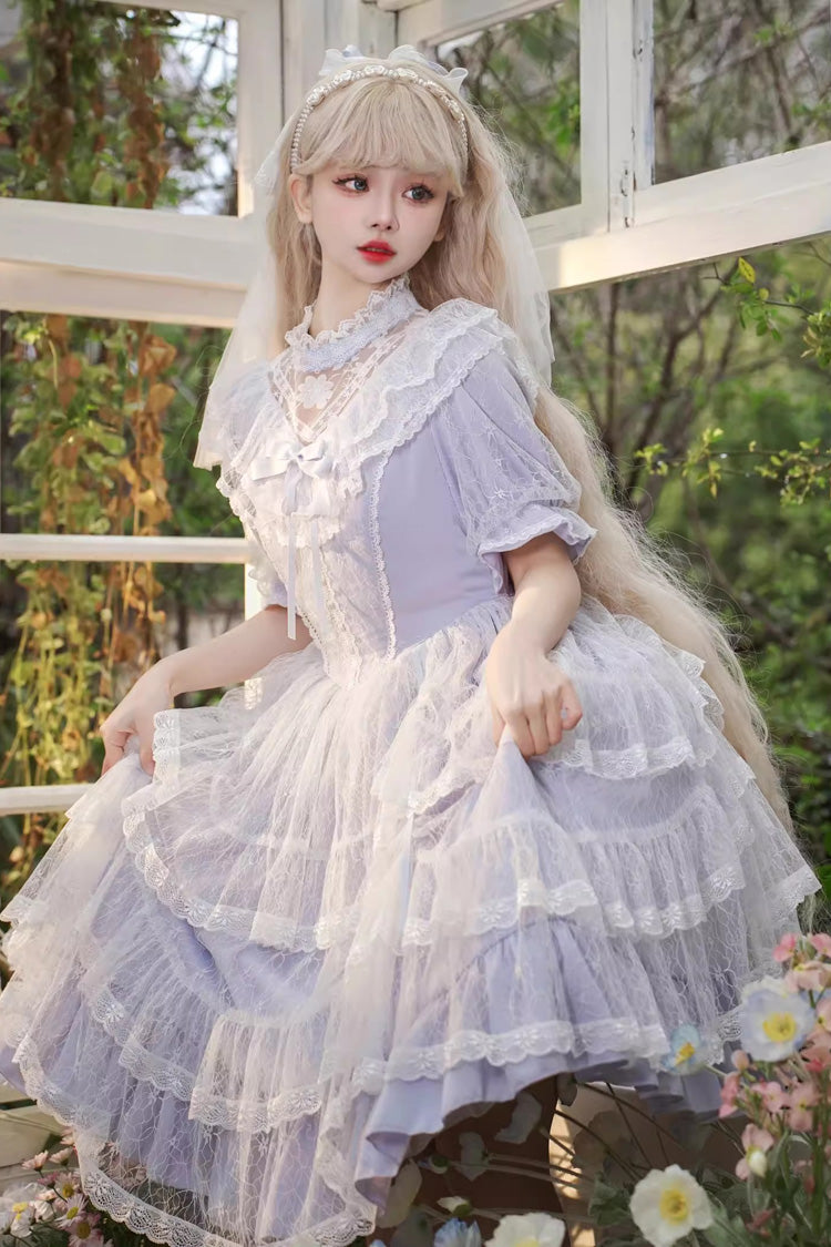 Purple Jacquard Bowknot OP Dress - Sweet Elegant Lolita