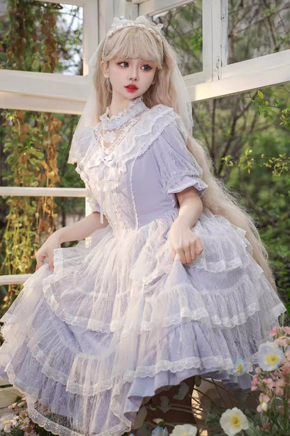 Purple Jacquard Bowknot OP Dress - Sweet Elegant Lolita