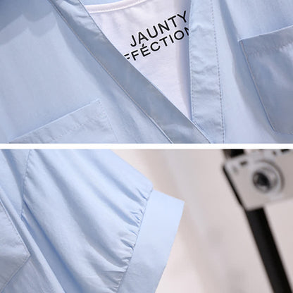 Pocketed T-Shirt Denim Fake Lapel Shorts Pieces Two