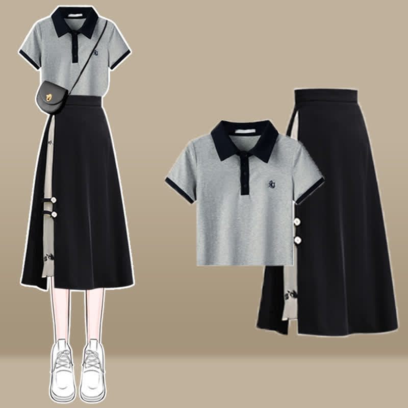 Blossom Skirt T-Shirt Print Split Polo Set