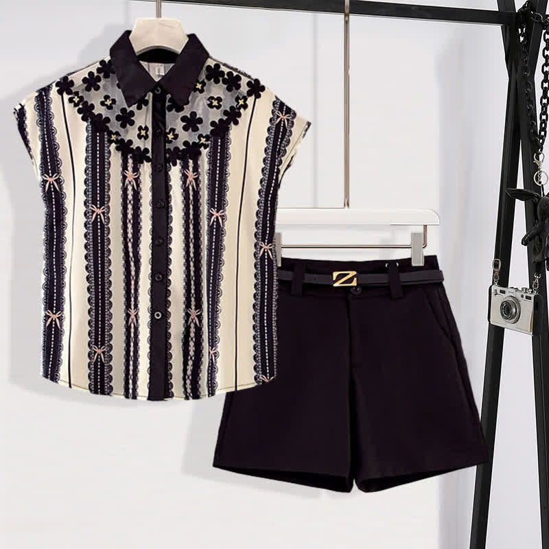 T-Shirt Mesh Casual Belted Print Chiffon Shorts Stripe