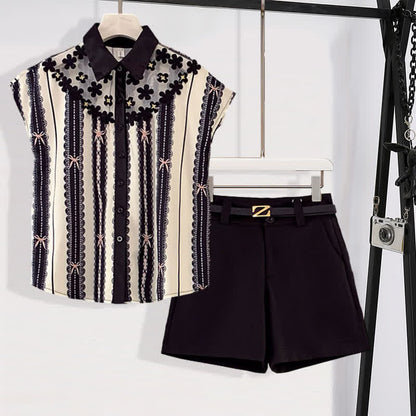 T-Shirt Mesh Casual Belted Print Chiffon Shorts Stripe