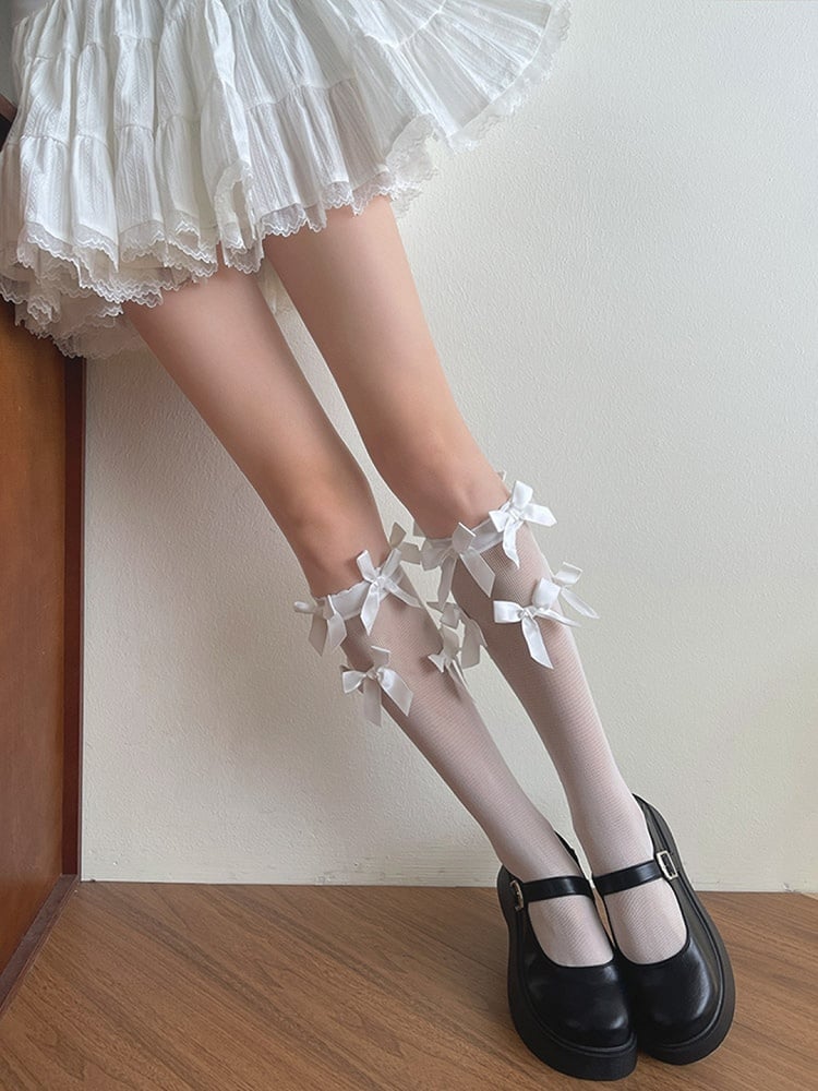 White/Black  Bowknot Details Semi-sheer Underknee Stockings
