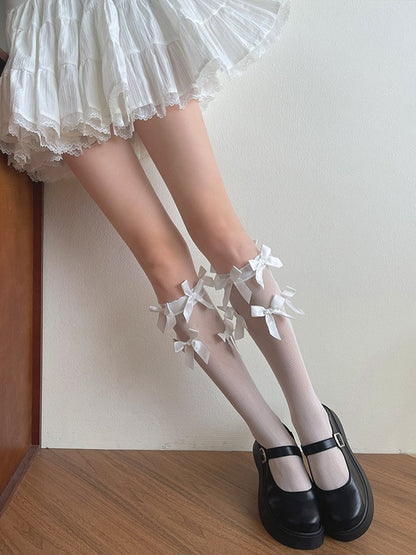 White/Black  Bowknot Details Semi-sheer Underknee Stockings