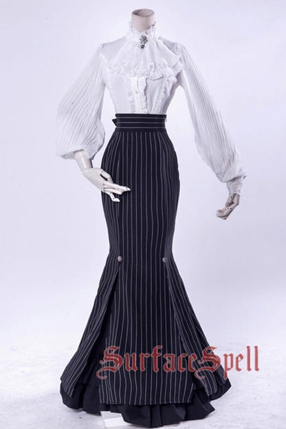 Lorelei Double-Layered Striped Print Ruffle Gothic Elegant Lolita Mermaid Maxi Skirt