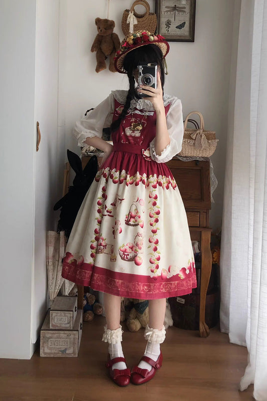 Apple Basket Sleeveless Printed Bow Sweet Lolita JSK Dress