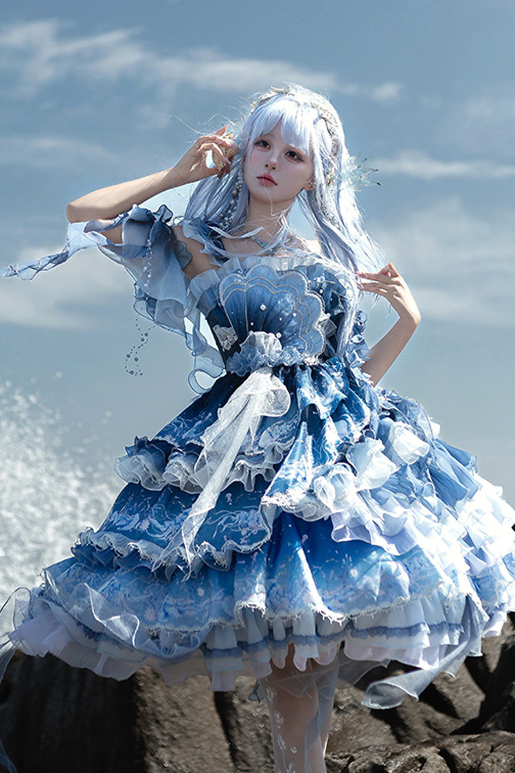 Gradient Printed Ruffled Embroidered Bow Lace Asymmetric Sweet Elegant Lolita JSK