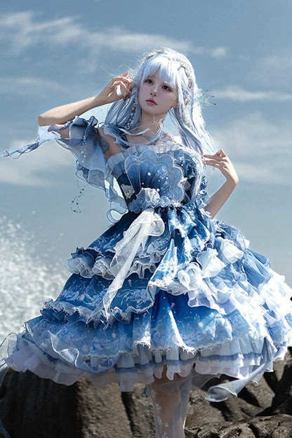Gradient Printed Ruffled Embroidered Bow Lace Asymmetric Sweet Elegant Lolita JSK