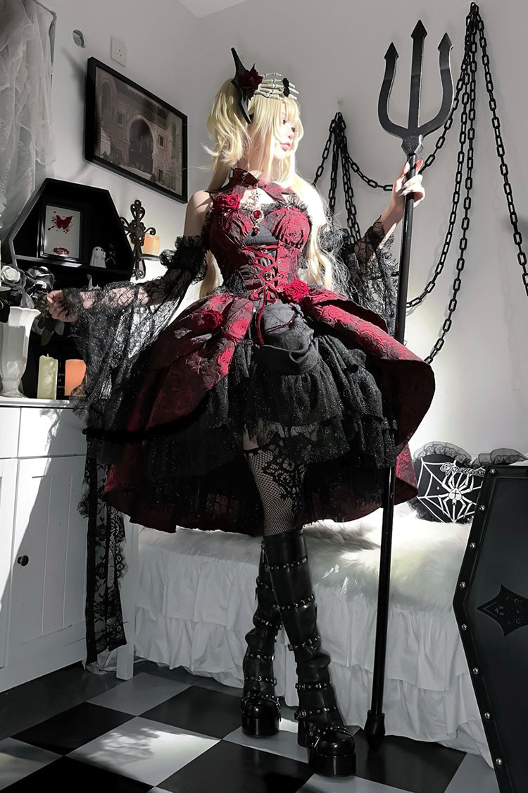 Weeping Rose Jacquard Lolita Dress with Lace-Up Cardigan - Noir