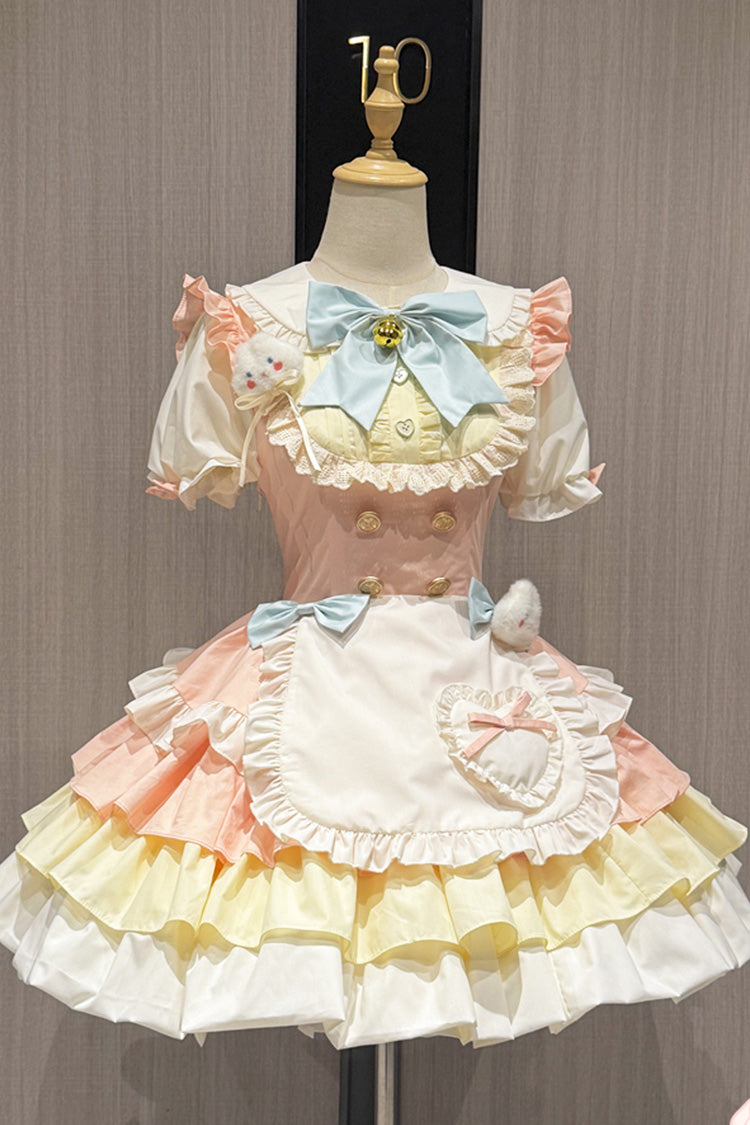 Cream Puffs Short Sleeve Layered Ruffle Bow Sweet Lolita Gown in Yellow Pink