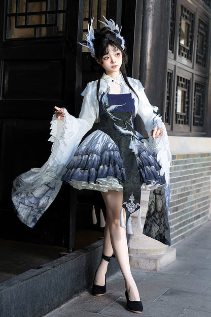 Dark Blue Feathered Finch Multi-Layer Print Ruffle Classic Chinese Style JSK Dress Set