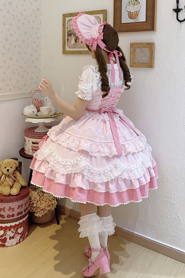 Pink Fondant Cake Sleeveless Multi-Layer Ruffle Bow Lace Sweet JSK Dress