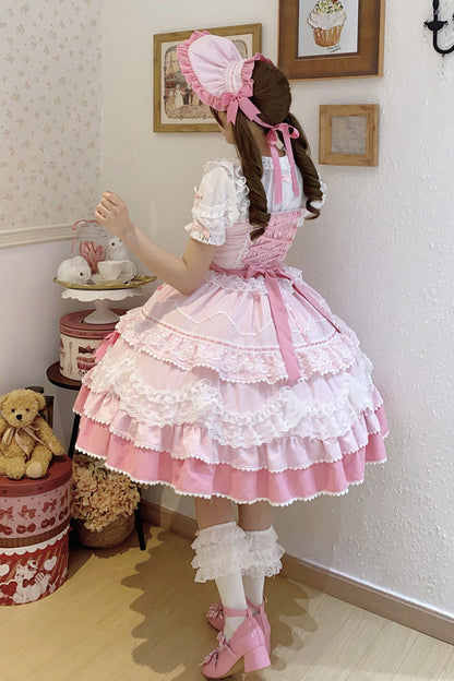 Pink Fondant Cake Sleeveless Multi-Layer Ruffle Bow Lace Sweet JSK Dress