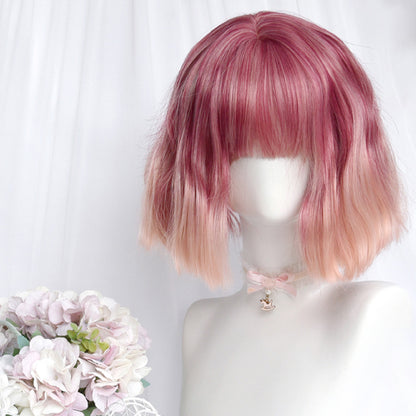 Gradient Pink Short Straight Ponytails Wig With Bangs