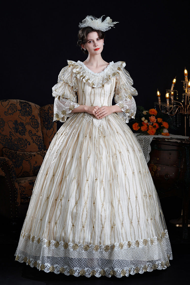 Ruffled Cut-Out Mesh Victorian Dress with Puff Sleeves