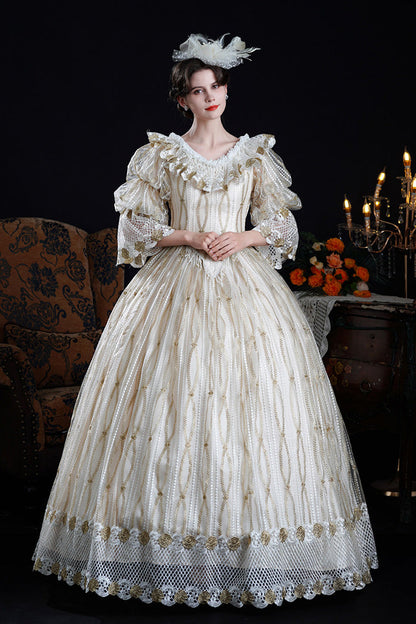 Ruffled Cut-Out Mesh Victorian Dress with Puff Sleeves