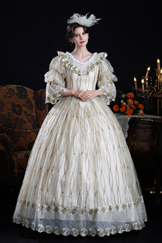 Ruffled Cut-Out Mesh Victorian Dress with Puff Sleeves