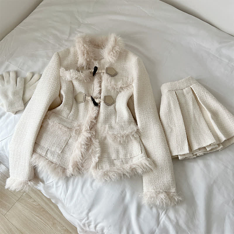 Set Mini Coat Fuzzy Pleated Skirt Elegant Lapel