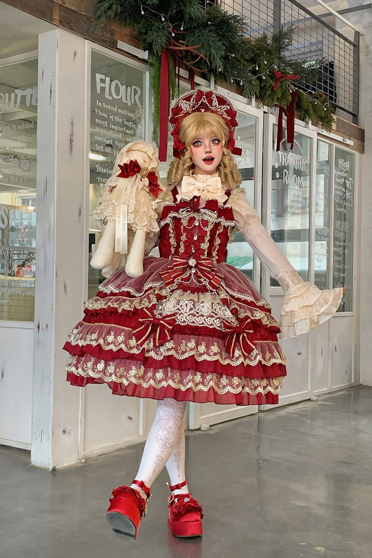 Ruby Gemstone Triple-Layered Bow Lace JSK Dress for Elegant Lolita