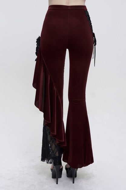 Velvet Single Side Stitching Rose Net Side Rope Flare Gothic Pants
