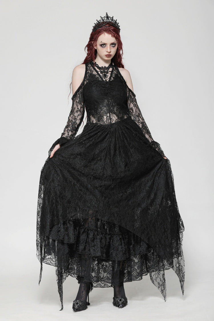 Off Shoulder Long Sleeve Gothic Irregular Lace Wedding Dress