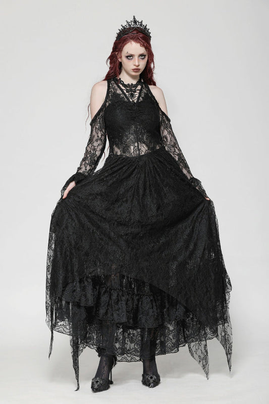 Off Shoulder Long Sleeve Gothic Irregular Lace Wedding Dress