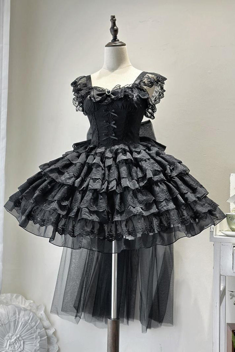 Black Broken Wings Rebirth Sleeveless Multi-Layered Ruffle Bow Lace-Up Gothic Ballet Lolita Jsk Dress