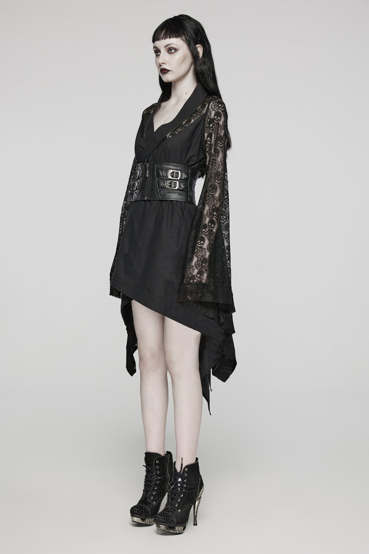 Skull Print Hollow Stitching Black Asymmetric Steampunk Kimono Dress