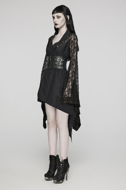 Skull Print Hollow Stitching Black Asymmetric Steampunk Kimono Dress