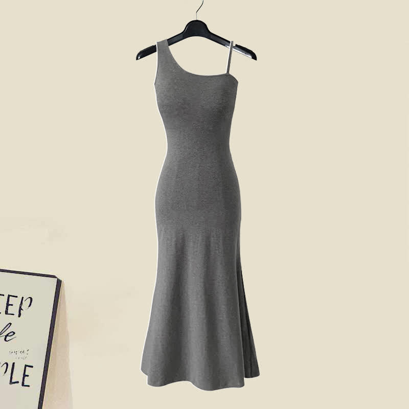 Grey Knitted Sweater Irregular Fishtail Slim Slip Dress