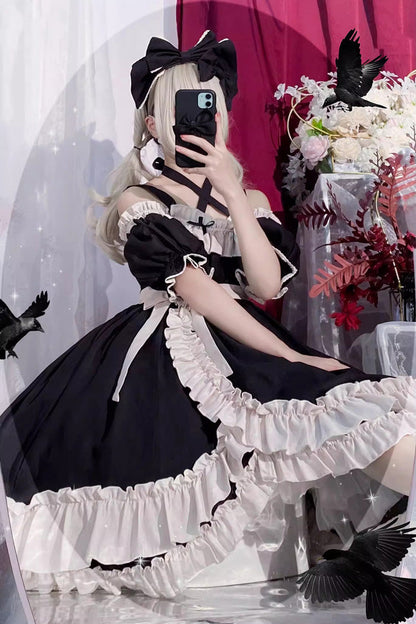 High-Waisted Asymmetric Ruffled Bowknot Gothic JSK