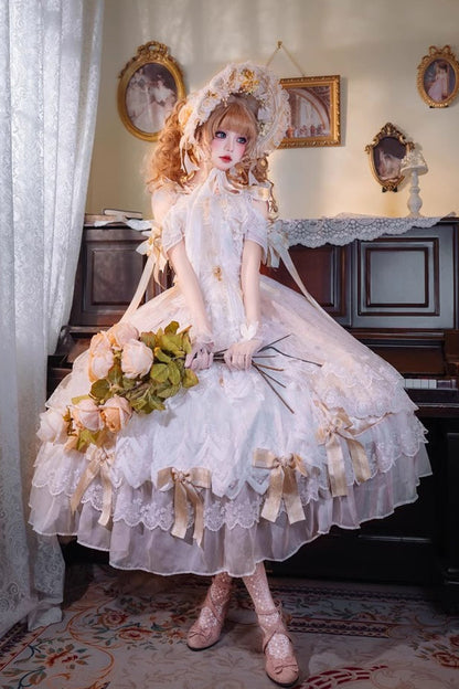 Golden Off-Shoulder Ruffled Lace Bow Wedding Elegant Gown