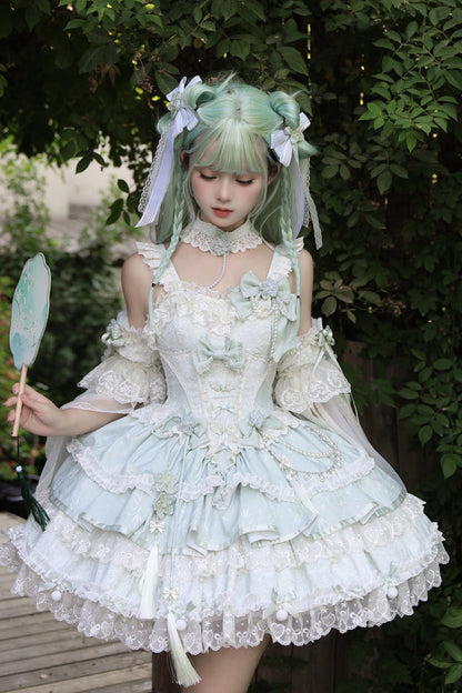 Emerald Prelude of Spring Cherry Square Collar Sleeveless Jacquard Ruffled Bow Lace Pearl Lolita JSK