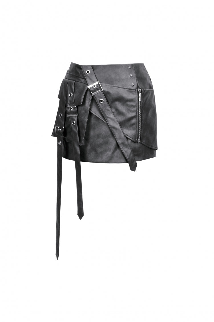 Punk Women's Short Skirt with Faux Leather Straps and Zippered Detail