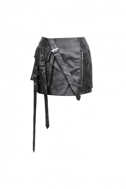 Punk Women's Short Skirt with Faux Leather Straps and Zippered Detail
