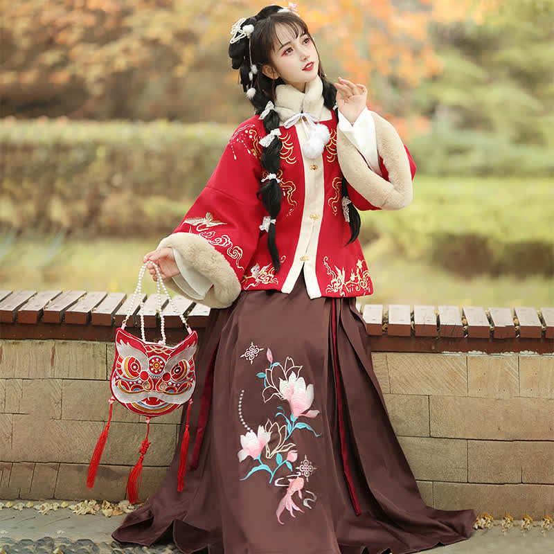 Ensemble manteau et jupe plissée à broderie florale vintage