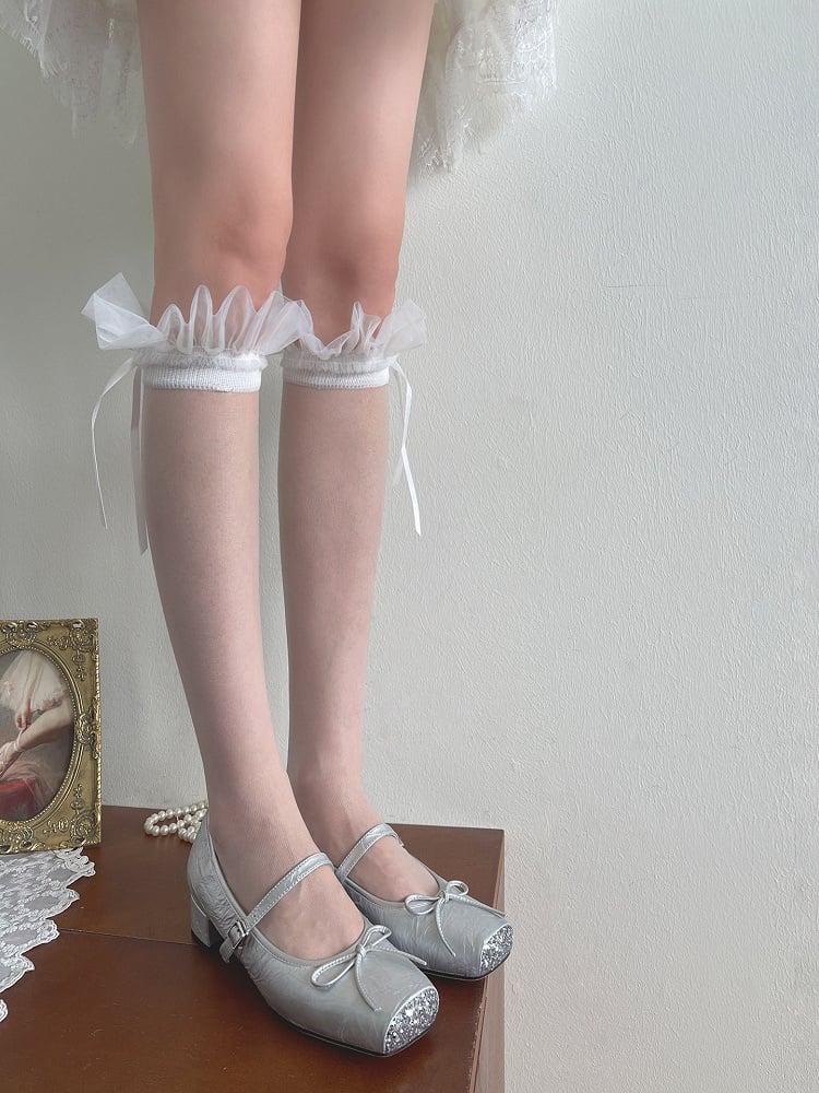 White Bowknot Details Tulle Ruffled Underknee Stockings
